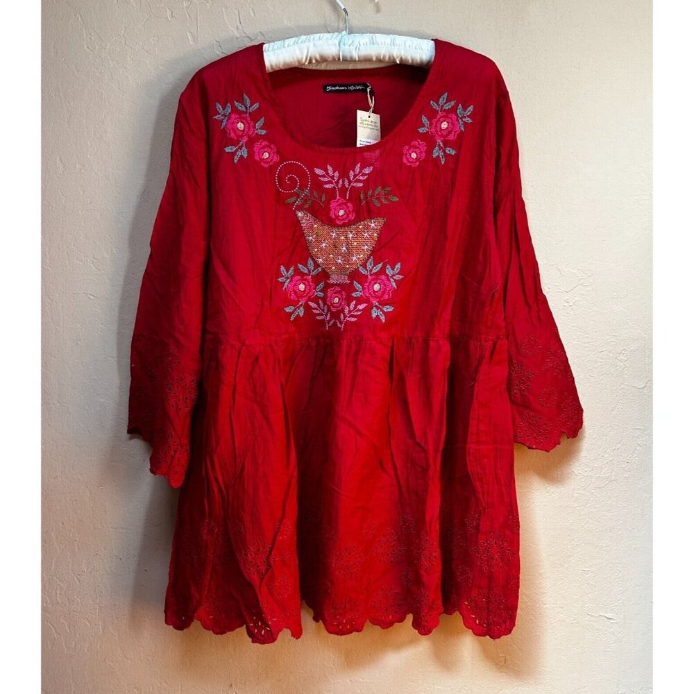 Gudrun Sjöden Women's Okarina Blouse Organic Cotton Embroidered Top Large Red